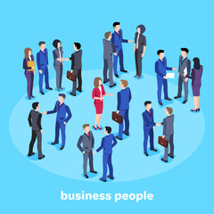 Isometric vector image on a blue background, people in business suits, conversation and business meeting, office workers.