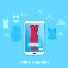 flat vector image on white background, easy and fast online shopping, a woman with a beautiful manicure buys a dress through her smartphone