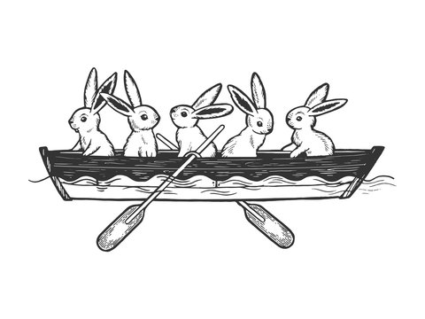 Hare rabbit animals in boat sketch engraving vector illustration. Scratch board style imitation. Black and white hand drawn image.