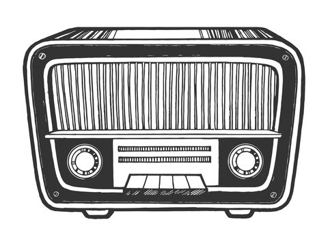 Old vintage radio receiver device sketch engraving vector illustration. Scratch board style imitation. Black and white hand drawn image.