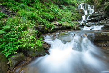 Panoramic beautiful deep forest waterfall