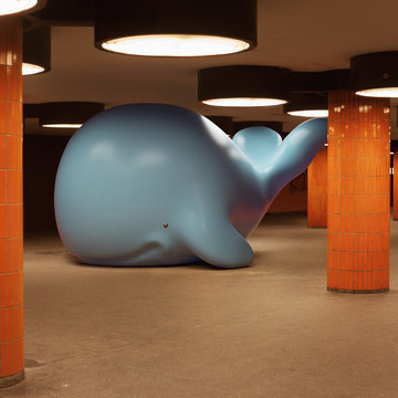 Huge toy whale in the pedestrian subway