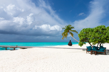 Beautiful tropical Maldives island with beach , sea , and blue sky for nature holiday vacation background concept