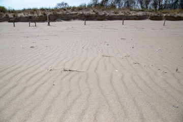 Fototapeta na wymiar The beach of Zempin without footprints with fine, wind-generated grooves in the fine sandy beach..