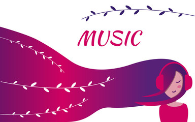 Beautiful girl with long colored hair in headphones. A woman listens to music on headphones. Sounds of nature and leaves.