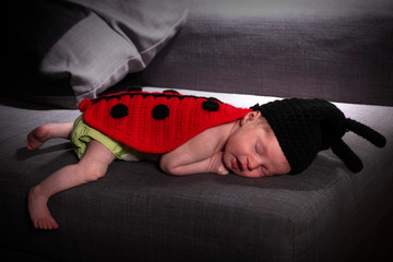 Neugeborenes Baby im Maikäferkostüm schäft zufrieden