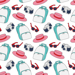 Hipster pack sketch colored summer seamless pattern with retro fashion trendy accesoories - 266399687