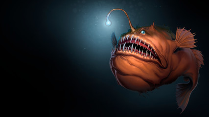 Angler fish on background of dark blue water realistic illustration art. Scary deep-sea fish predator In the depths of the ocean. Place for text. © Konstantin Gerasimov