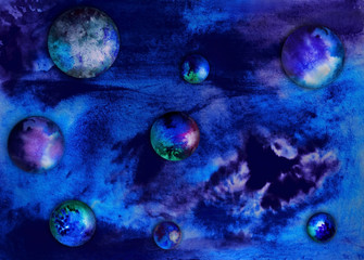 Watercolor fantastic background with voluminous colorful spheres on outer space background.