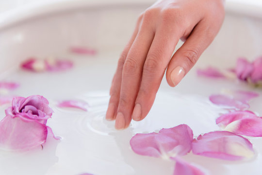 Hand dipping into milk bath spa treatment