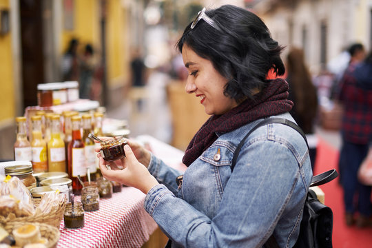 Happy customer shopping at a market