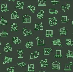 Cargo delivery, seamless pattern, dark, color, contour lines, icons, vector. Cargo transportation and delivery of goods. Vector flat seamless pattern. Green line icons on a dark green background. 