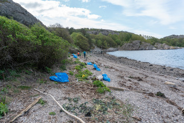 People Cleaning Trashy Polluted Garbage beach