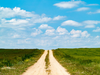 A rural dirt road in the field in spring