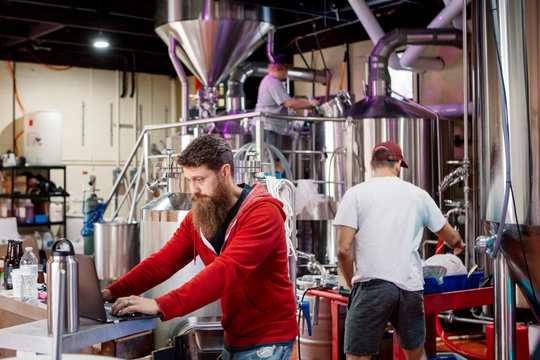 Manworking on laptop at brewery