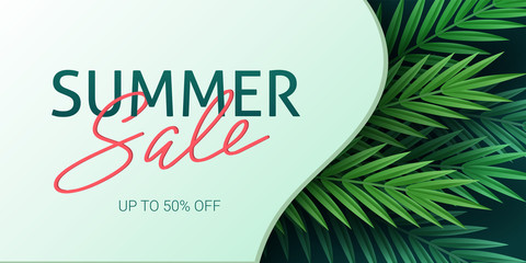 Hello summer, summertime. The text poster against the background of tropical plants. Palm leaves, jungle leaf and handwriting lettering. The poster for sale and an advertizing sign.