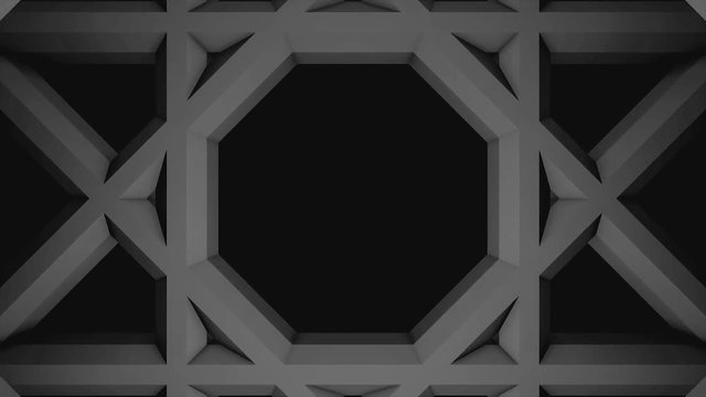Monochrome animation of grey moving squares with hexagons inside, seamless loop. Animation. Geometrical figures moving away from the camera on black background.