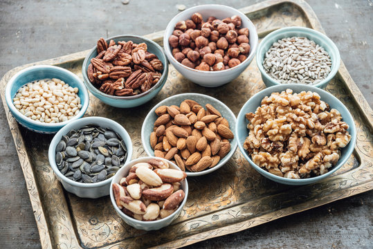 Food: Variation of nuts in bowls