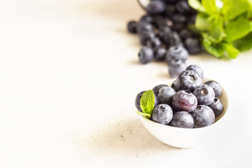 Freshly picked blueberries in a white ceramic bowl. Selective focus, copy space for text. 