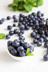 Freshly picked blueberries in a white ceramic bowl. Selective focus, copy space for text. 