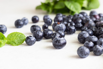Fresh blueberries and mint leaves on light grey stone background. Organic food for healthy lifestyle. 