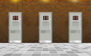 Background prison, trend penal colony interior. Jail cells modern with gray doors. Behind brick wall, bars In jail, dark. Vector detailed illustration for design or happy deprivation of freedom