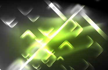 Neon square and line lights on dark background with blurred effects