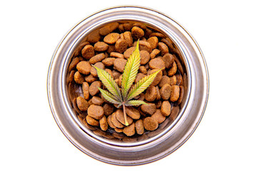 Dog treats and cannabis leaves isolated over white background - CBD and medical marijuana for pets concept