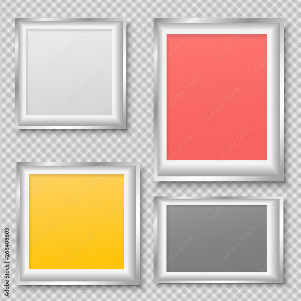Poster white and colorful frames with soft shadow for text or picture are on squared grey background