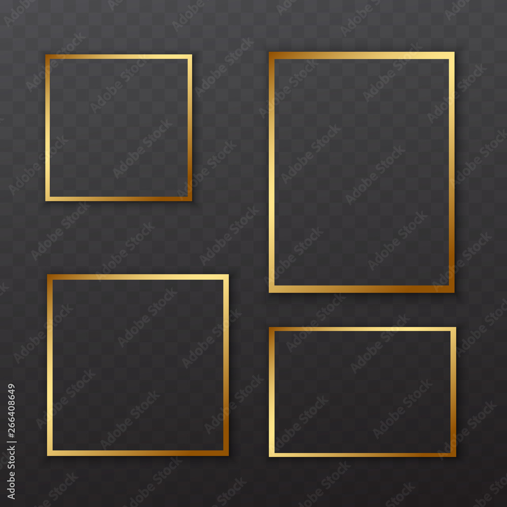 Poster golden square frames with soft shadow for text or picture are on squared black background