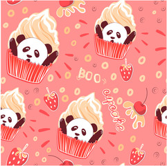 Humorous sweet Panda cupcake. Suitable for Wallpaper, wrapping paper, baby textiles, wall decoration in cafe and bakery. Vector illustration of baking