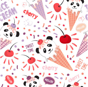 Edible seamless pattern Panda in a waffle cone. Suitable for Wallpaper, packaging, baby and kitchen textiles, wall decoration in cafe and pastry shop. Vector clip art sweets