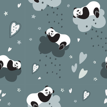 Cute pandas sleep on a cloud and dream. Seamless vector pattern for baby and bed linen and textiles. Interior decor of children's rooms, Wallpaper, packaging paper