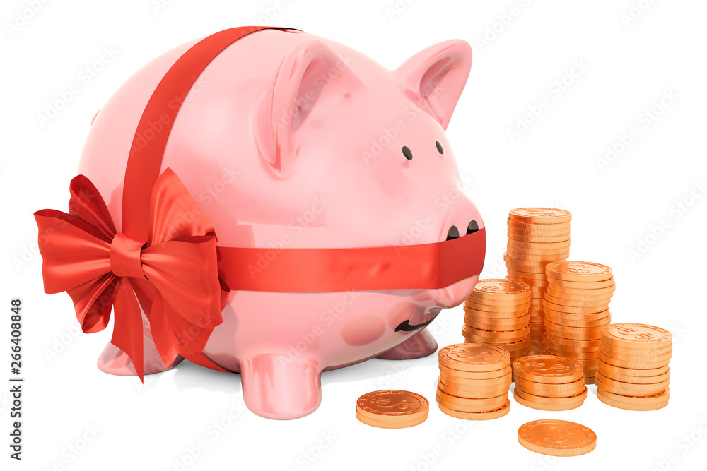 Poster golden coins and piggy bank with red bow and ribbon. 3d rendering