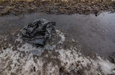Black plastic bag is frozen on the road