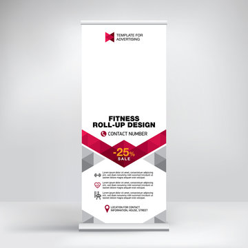 Banner roll-up design, creative geometric design, template for fitness services, with icons on the sports theme.