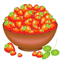 A bountiful harvest. Full bowl of beautiful juicy strawberry berries. Sweet red berries, a source of vitamins and pleasure. Vector illustration