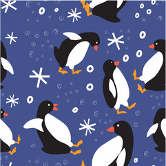 Cute penguins seamless vector pattern. Cheerful and mischievous penguins walk in the winter. Sketch of cartoon characters. Design for children's fashion, packaging, Wallpaper for children's room