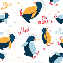 Cute penguins are astronauts in space. Penguin Vector seamless pattern . Sketch of astronaut characters in the outer space of the universe. Fabric and packaging design