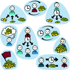 set_9_icons_simple_male_money_coins_bills_time_flag_think_arrows_background_by jziprian