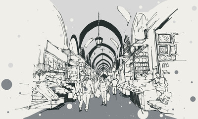 Drawing sketch illustration of the Egyptian Bazaar, Istanbul