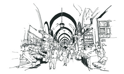 Drawing sketch illustration of the Egyptian Bazaar, Istanbul