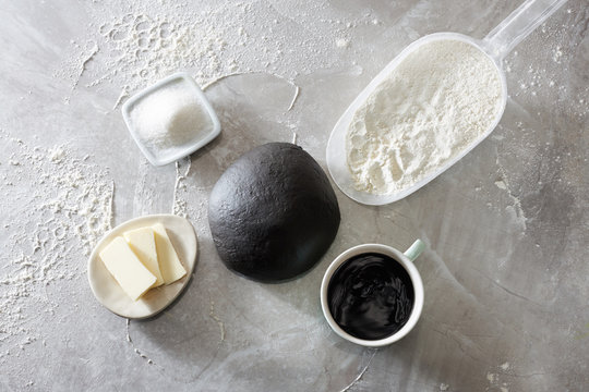 Cuttlefish bread making raw material combinations. On the marble desktop