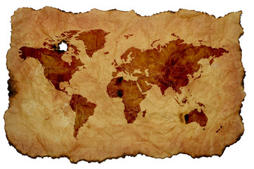 World map on old yellowed parchment