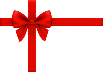 Red gift ribbon and bow on white background.