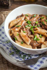 Pasta penne with pork sauce.