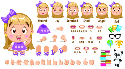 Cartoon blond girl constructor for animation. Parts of body, set of poses.