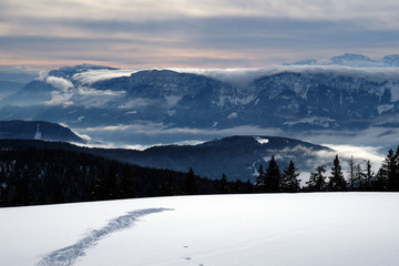 Fototapeta na wymiar Vöraner Alm im Winter mit Blick über das Etschtal zum Gantkofel