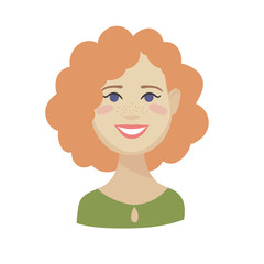 Cute cartoon Emoji character. Flat vector illustration of girl's emotional face. Isolated smiling redhead girl avatar.