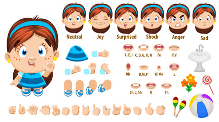 Cartoon brunette girl constructor for animation. Parts of body, set of poses.